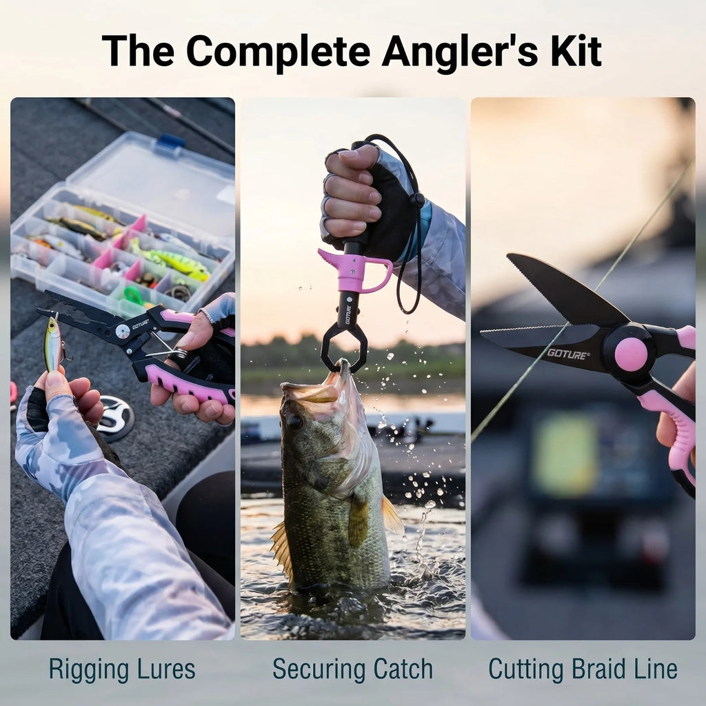 Goture 3Pcs Fishing Tool Kit Fish Lip Gripper + Fishing Pliers + Line Cutter Scissors Set for Anglers Fishing Gear