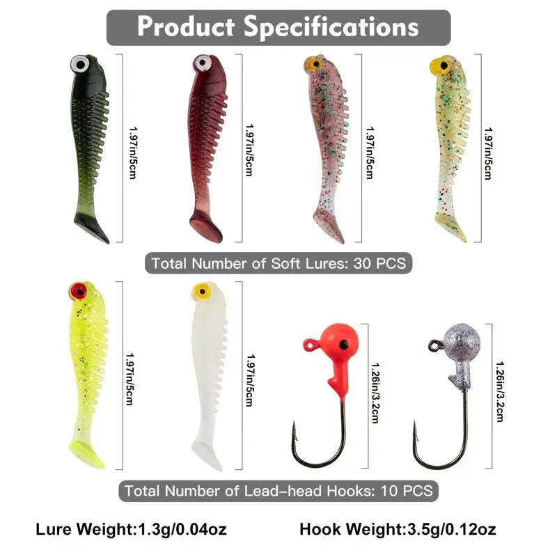 40pcs/lot Soft Lure Kit Soft Fishing Lure 5cm 3.5g Jig Head Hook with Fishing Tackle Box Pesca