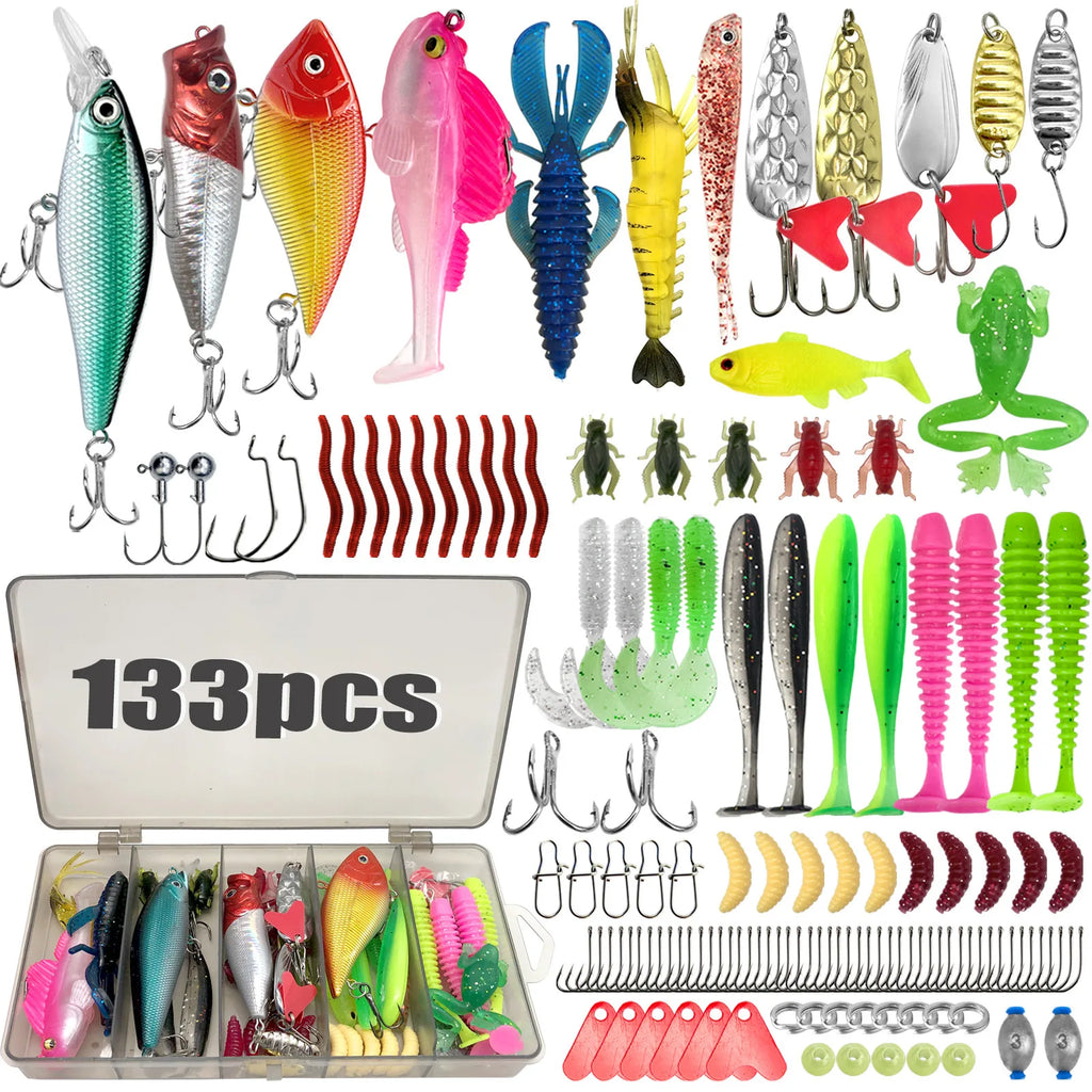 133pcs Fishing Lures Kit Tackle Box Set with Crankbaits Hooks Weights Bass Trout Pike Fishing Gear Gifts for Men