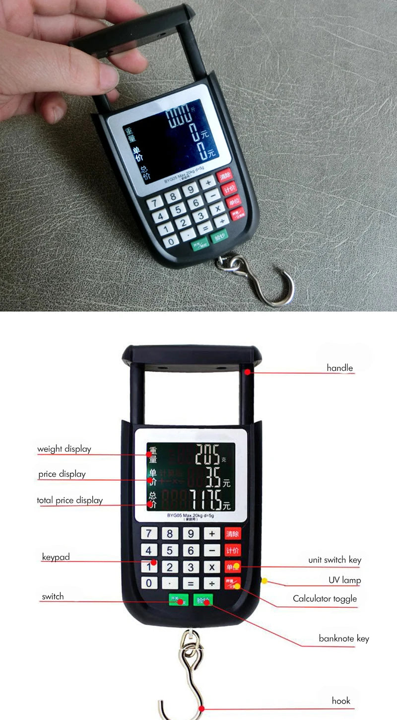 Fish Scale, Backlit LCD Display 20kg Fishing Scale with Calculator, UV Light, Electronic Balance Digital Hanging Hook Scale