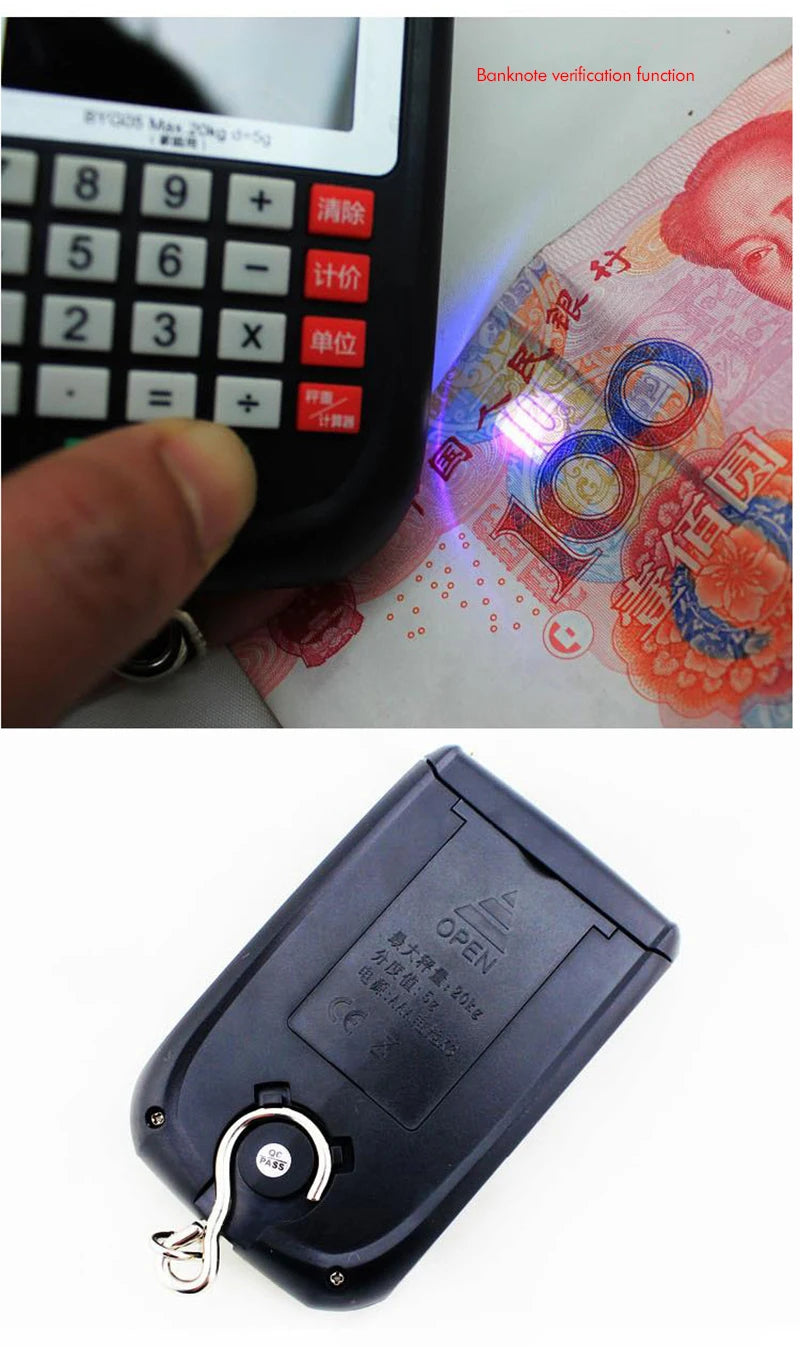 Fish Scale, Backlit LCD Display 20kg Fishing Scale with Calculator, UV Light, Electronic Balance Digital Hanging Hook Scale