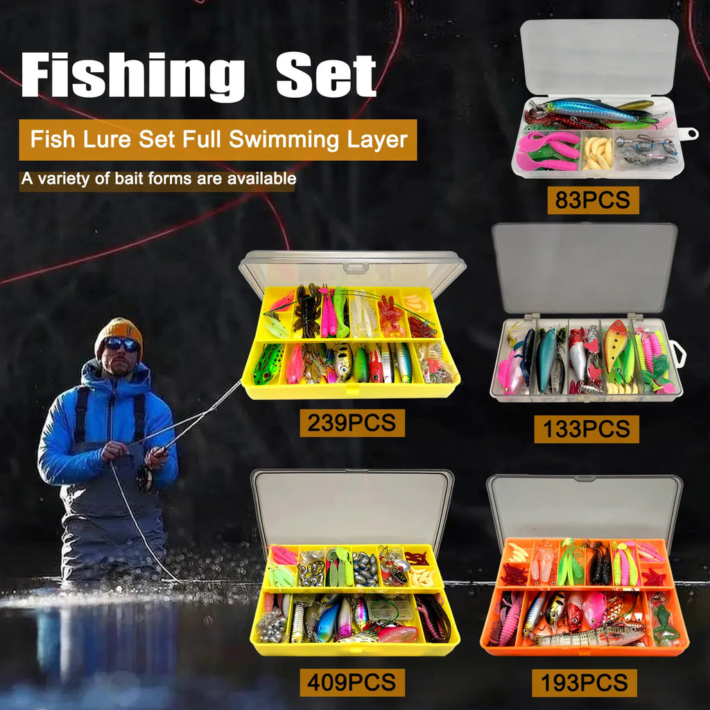 Fishing 83/133/193/239/409pcs Fishing Lure Kit For Trout/Pike/Bass Multi-Lure Fishing Set Layered Tackle Pro Gear Tackle Box