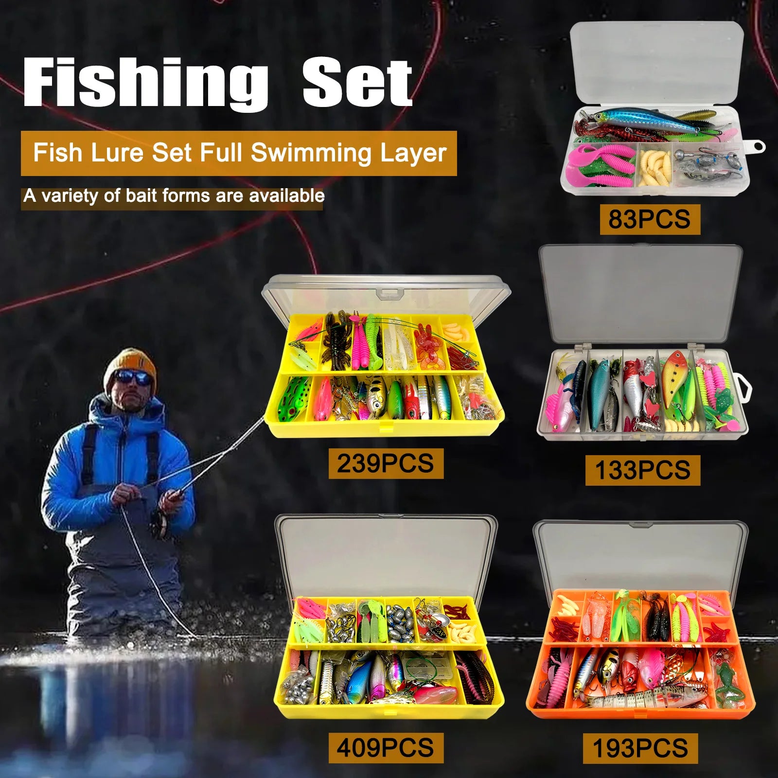 Fishing 83/133/193/239/409pcs Fishing Lure Kit For Trout/Pike/Bass Multi-Lure Fishing Set Layered Tackle Pro Gear Tackle Box