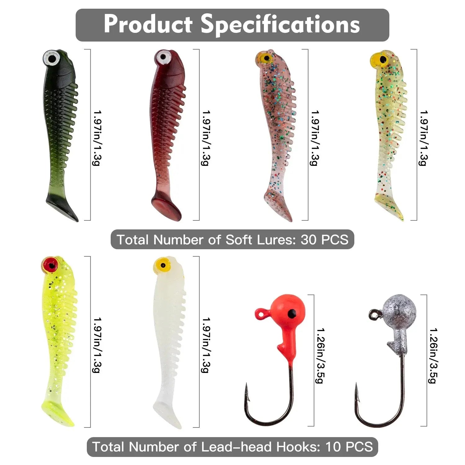 40pcs/lot Soft Lure Kit Soft Fishing Lure 5cm 3.5g Jig Head Hook with Fishing Tackle Box Pesca