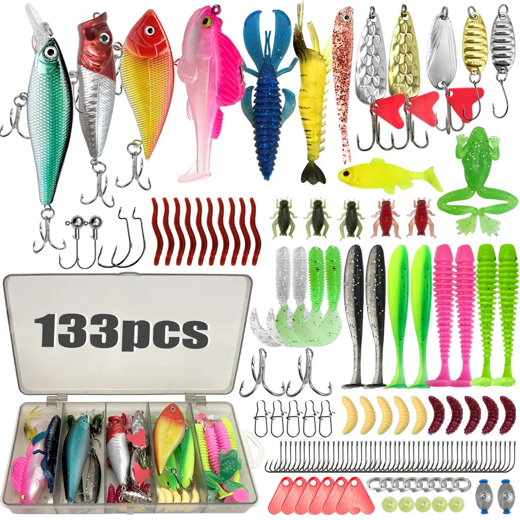 133pcs Fishing Lures Kit Tackle Box Set with Crankbaits Hooks Weights Bass Trout Pike Fishing Gear Gifts for Men
