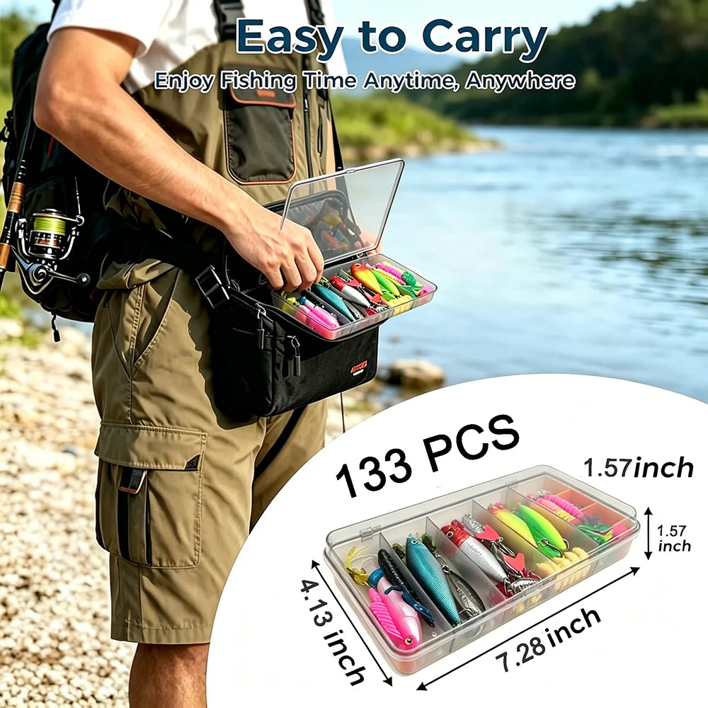 133pcs Fishing Lures Kit Tackle Box Set with Crankbaits Hooks Weights Bass Trout Pike Fishing Gear Gifts for Men