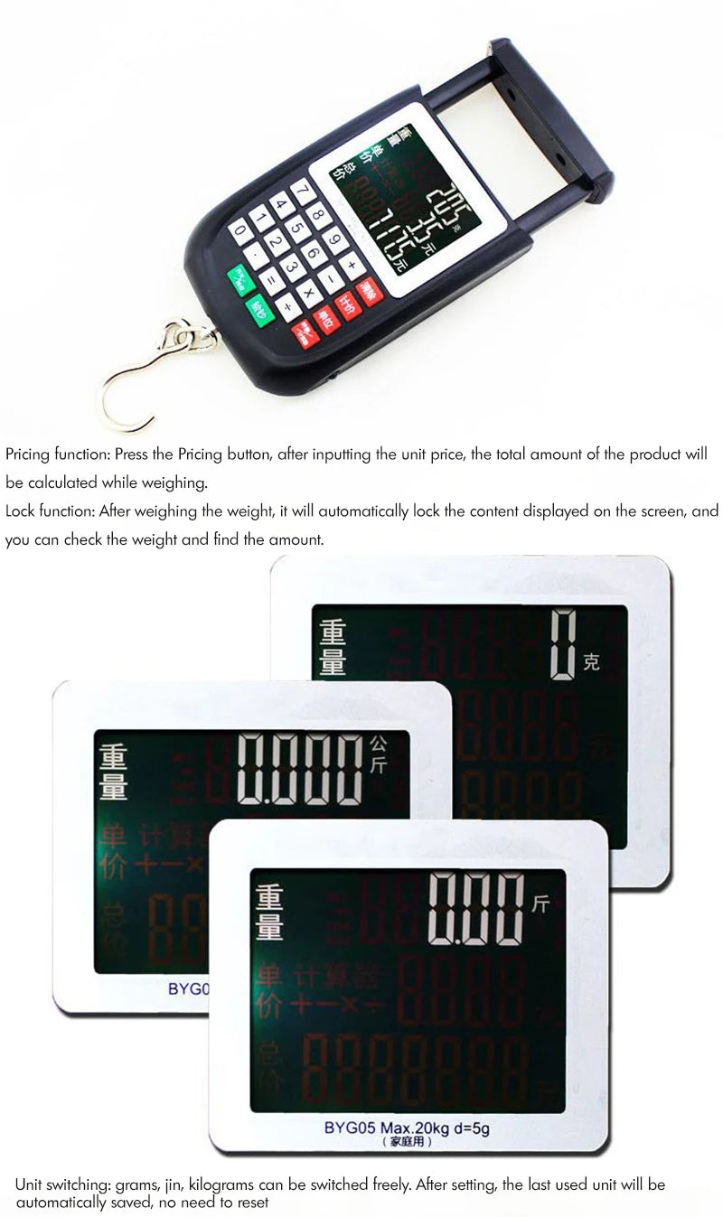 Fish Scale, Backlit LCD Display 20kg Fishing Scale with Calculator, UV Light, Electronic Balance Digital Hanging Hook Scale